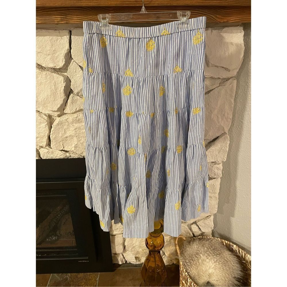 J.crew blue stripe tiered bottom maxi skirt embroidered pineapples L